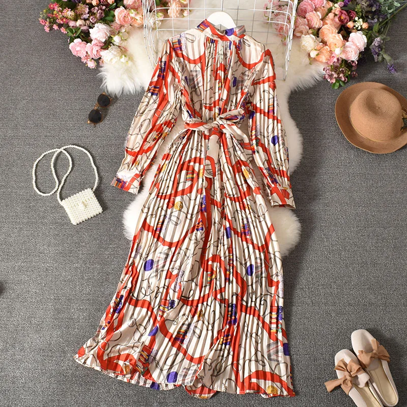 2021 Spring Women Pleated Dress Stand Collar Folk Printed Long Sleeves Lace-up Pullover Dress Mid-calf Swing Long Dress