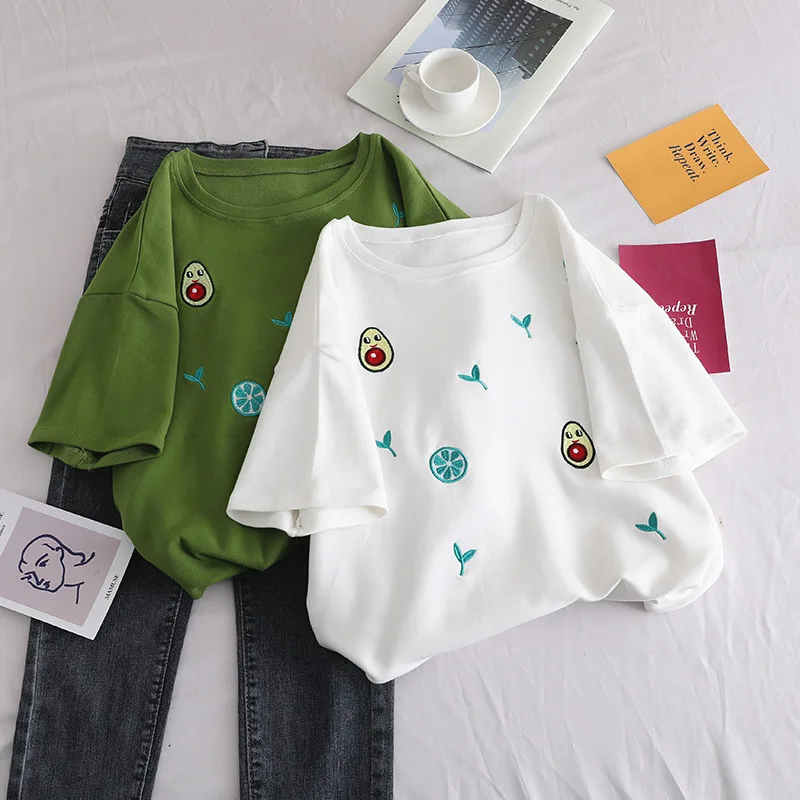 Корейская мода Kawaii Мультфильм авокадо печатных короткий рукав Футболка женская