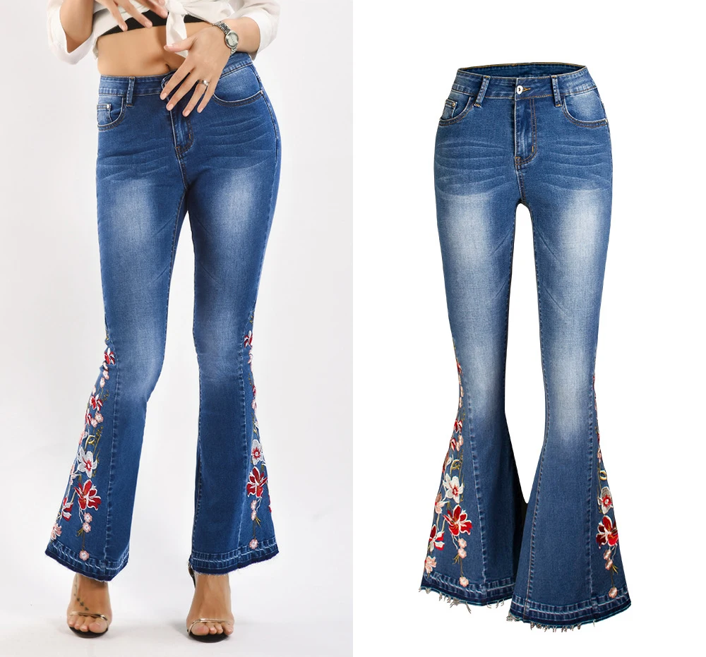 Женские широкие брюки со средней талией модные 3D женские джинсы с вышивкой