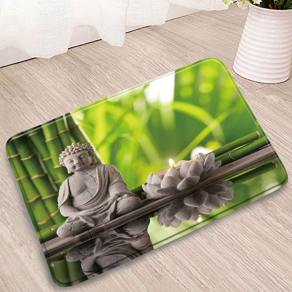 

Zen Stone Bathroom Mat Beach Green Bamboo Leaves Buddha Statue Lotus Seat Water Floormats Doorway Kitchen Bath Non-Slip Carpets
