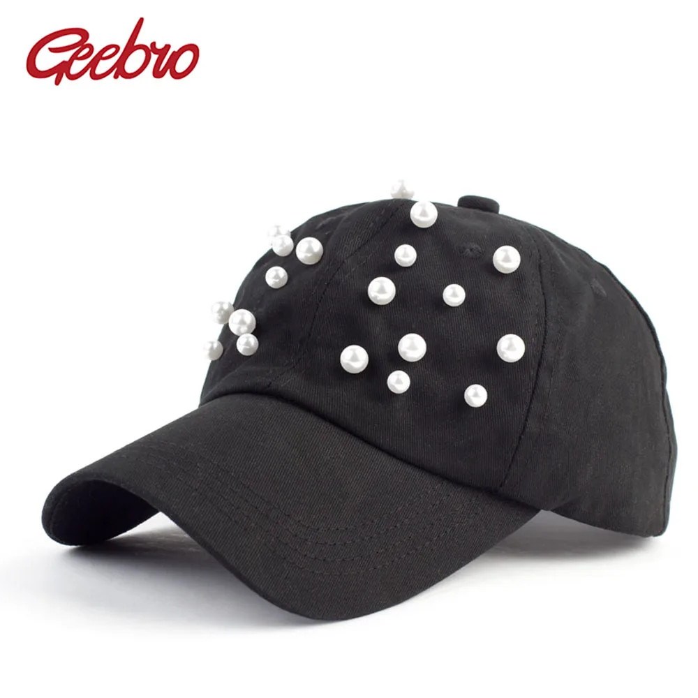 

Geebro Women's Fashion Summer New With Shine Pearl Snapback Baseball Caps Girls Casual Cotton Solid Color Snapback Sun Hats