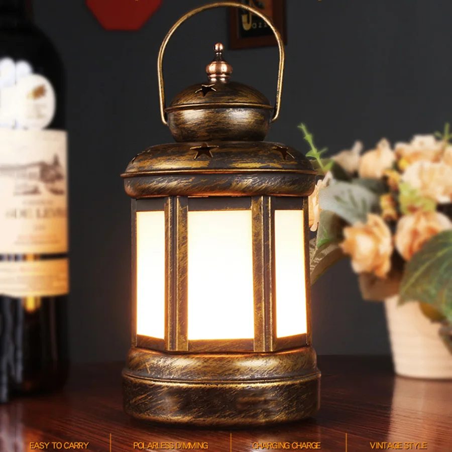 

Chargeable Vintage Kerosene Lamp Retro Iron Lantern Table Light Cafe Restaurant Hanging Flame Light Bedroom Bedside Night Light