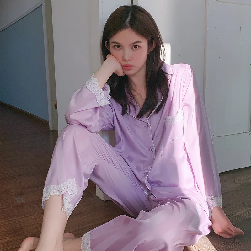 

Sweet Female Pajamas Set Purple Lace Trim Sleepwear Pyjama Pour Femme Rayon Long Sleeve Nightwear Autumn Loose Trouser Suits