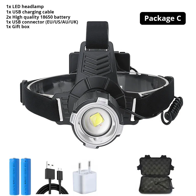 Package C Ультра яркий XHP70.2 светодиодный налобный фонарь USB Перезаряжаемый фонарь Водонепроницаемый зум рыболовный свет 3 режима высокой мощности 18650 фонарик - Испускаемый цвет: Package C