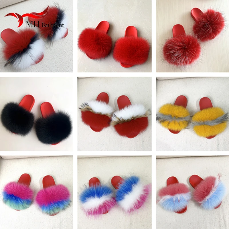 

New Red PVC Sole Woolen Shoes Raccoon Raccoon Fur Fur Fox Fur Slippers Ladies Home Slippers Fur Slides Can Be Customized Colors
