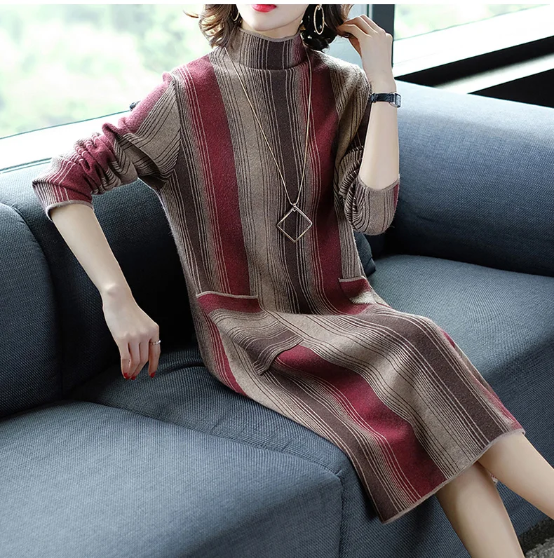 

ZUOMAN Autumn Office Turtleneck Knitted Dress for Women Elegant Striped Sweaters Dresses Long Sleeves Female A-line Winter Dress