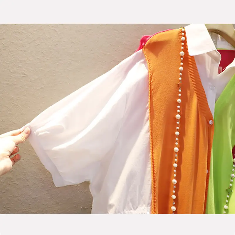 

XITAO Knitting Contrast Color Shirt Patchwork Pocket 2021 Summer New Arrival Close Your Waist Loose Polo-neck All Match WMD0429