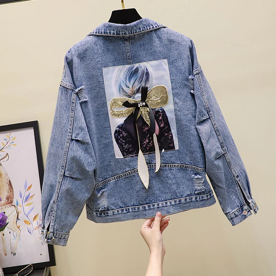 

Women Embroidery Flowers Denim Jacket Turn-down Collar Jean Jacket for Women Loose Casual Jean Coat Female Outwear