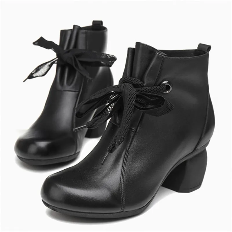 

Hjwsfdcai Genuine Leather Lace-Up Round Toe Women Casual Knight Boots Comfortable Street Style Female Short Boots Buty Damskie