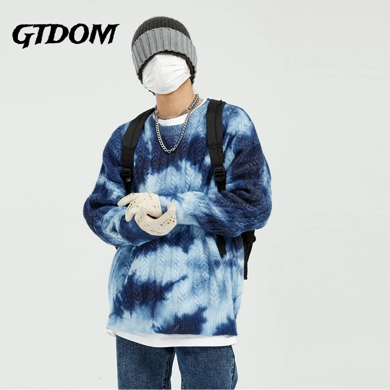 

GTDOM Men Korean Style Tie dye Pullover Sweaters O-Neck Long Sleeve Oversize Fashion 2021 Spring New Men Hip Hop Sweaters