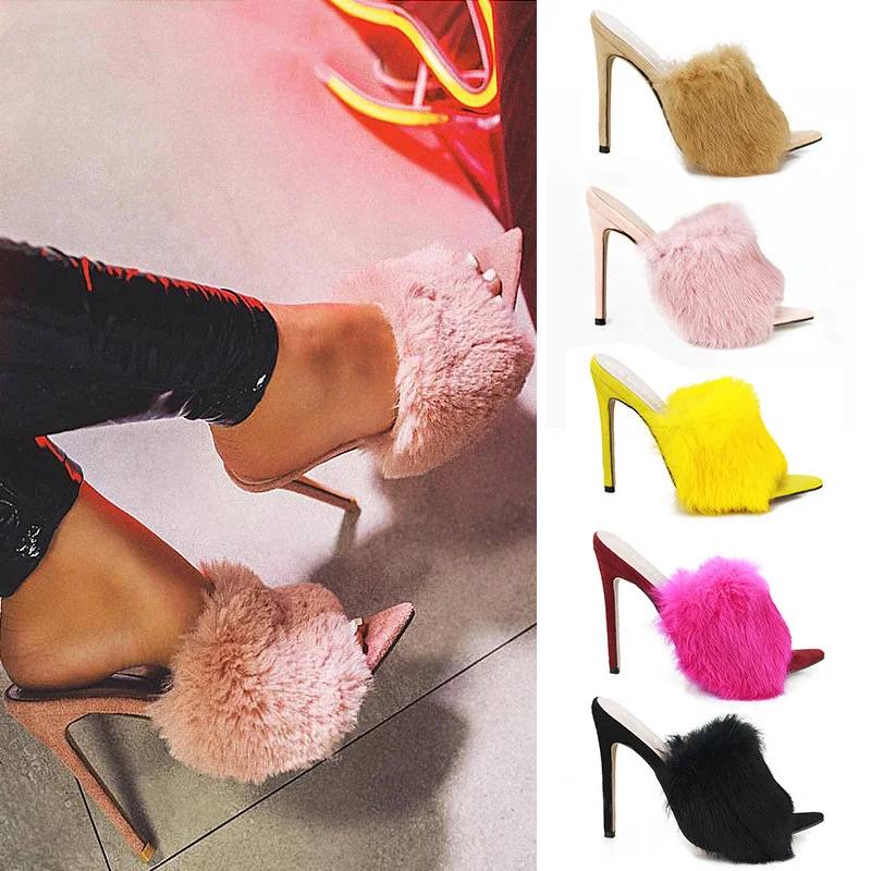 

Women Shoes High Heels Sandals Heels Women Sandals Pumps Rabbit Fur Ladies Shoes Sexy Sandals Candy Thin Heels Slides Slippers