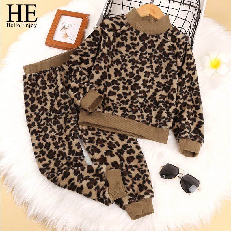 

HE Hello Enjoy Baby Girls Clothing Sets New Spring and Autumn Children Suit Cute T-shirt with Leopard print Warm Pant Costumes