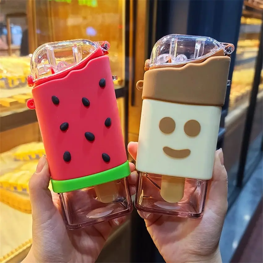 

Creative Cute Ice Cream Water Bottle Rainbow Creative Square Watermelon Cup Portable Leakproof Children Kettle with Straw