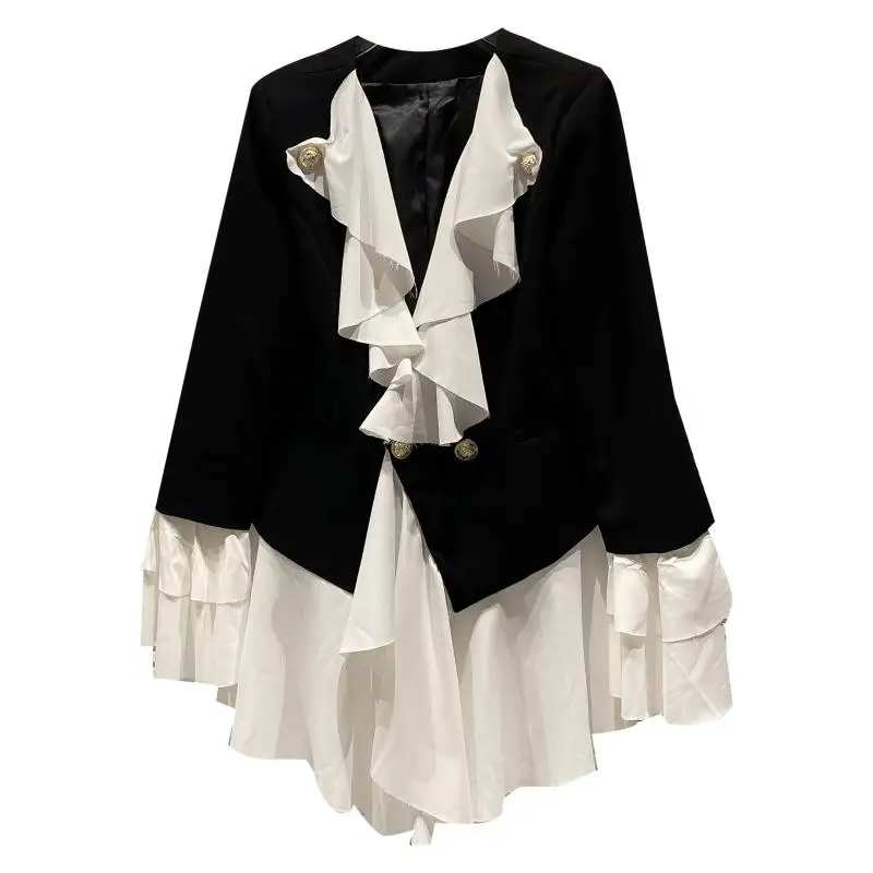

New mesh pleated splicing black and white contrast temperament long sleeve suit suit coat