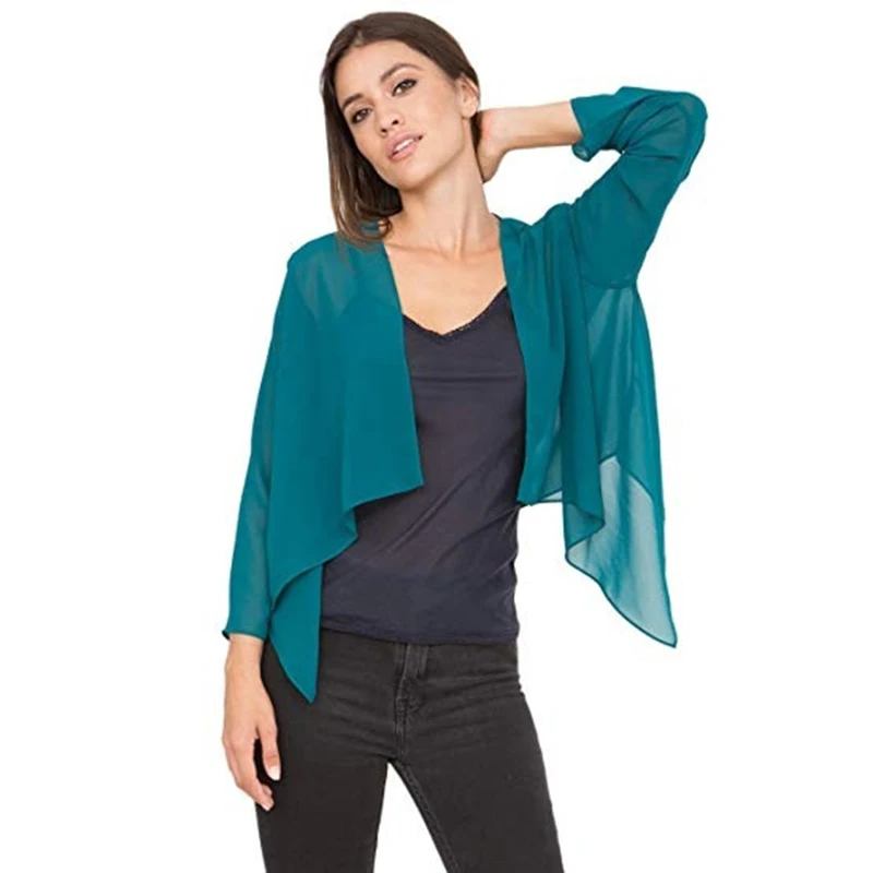 

Umeko Summer Women's Open Front Solid Chiffon Sheer Bolero Shrug Cardigan Cropped Blouse Loose Casual Thin Sun Protection Coat