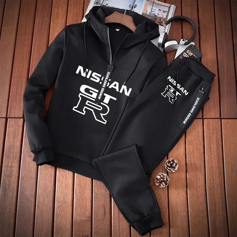 

Men's hooded GTR Car Logo printing Spring Autumn Solid color Splicing Cotton High Quality Men's sweatshirt+sweatpants 2-piece se