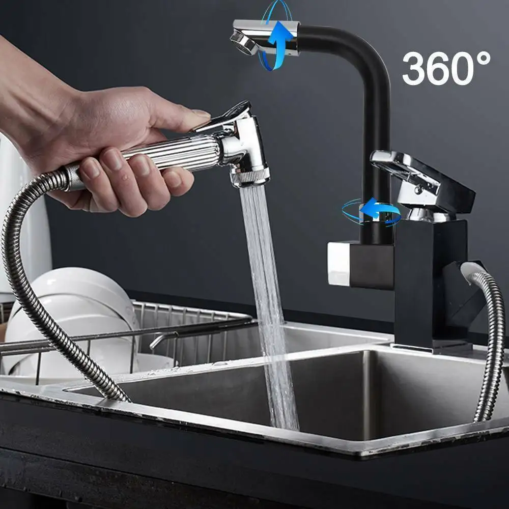 

Kitchen Sink Mixer Taps 360 Degrees Rotating Spout With 2 Hoses Pull Out Faucet