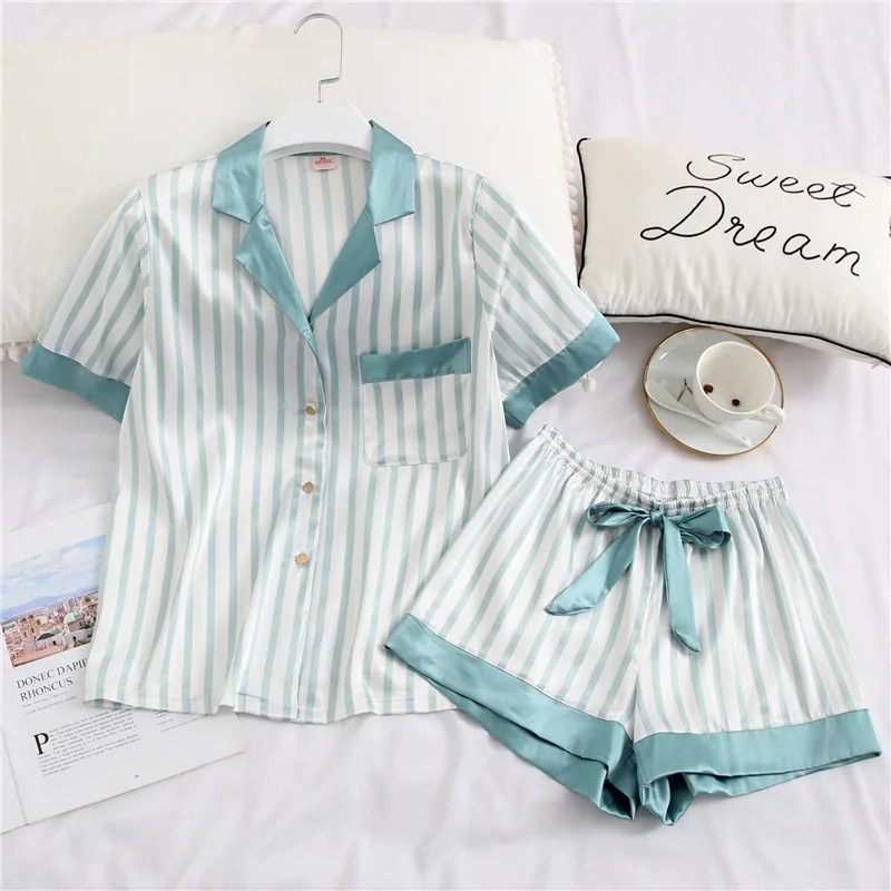 

Новая летняя женская домашняя пижама с коротким рукавом шорты ночная рубашка с лацканами одежда для сна тонкий Шелковый Кардиган Повседнев...