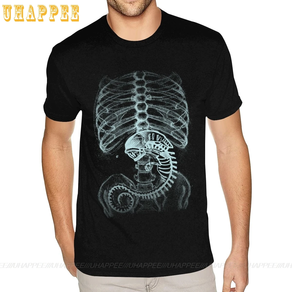 Черный Хищник футболка с принтом в виде костей рубашки коротким рукавом Хлопок