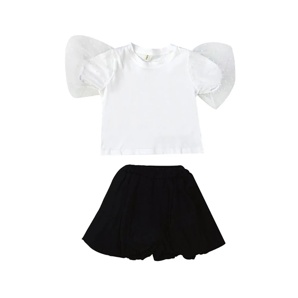 

2021 Summer Cute Baby Girls Clothes Set Lace Tulle Puff Sleeve T-Shirts Tops+Polka Dots Print Shorts 2Pcs Kids Children Clothing