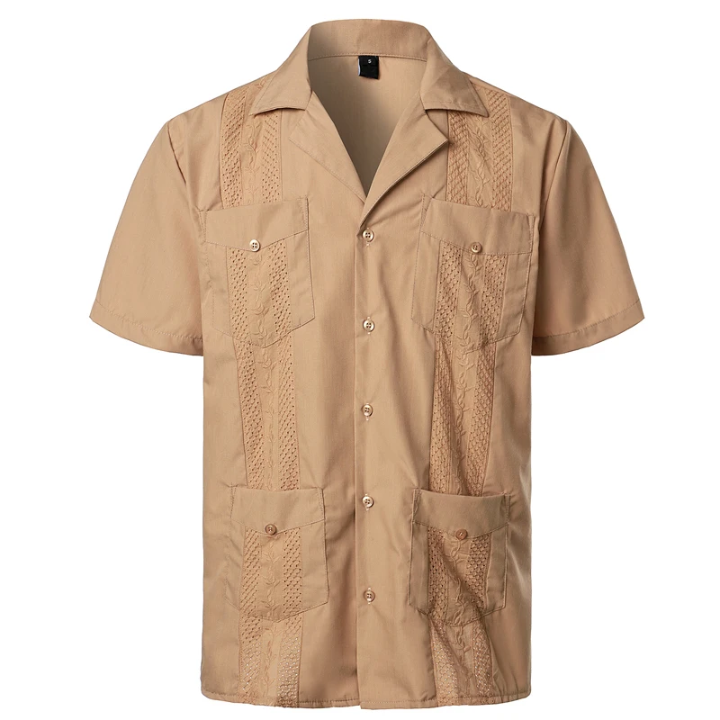 

Mens Cuban Camp Embroidered Shirts Button Up Cotton Linen Lapel Collar Shirts Classic Guayabera Loose Fit Wedding Beach Shirt