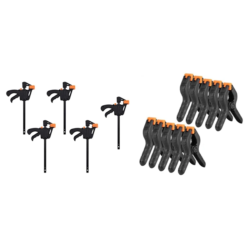 

10Pcs Woodworking Clamps Spring Clamp A-Shape Plastic 4 Inch & 5Pcs 4 Inch Woodworking Bar F Clamp Clip