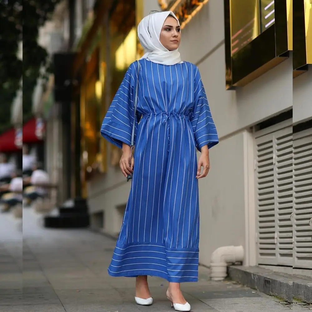 

Muslim Striped Abaya Cardigan Dress Hijab Mubarek Kimono Long Robe Gowns Tunic Jubah Ramadan Eid Arab Islamic Worship