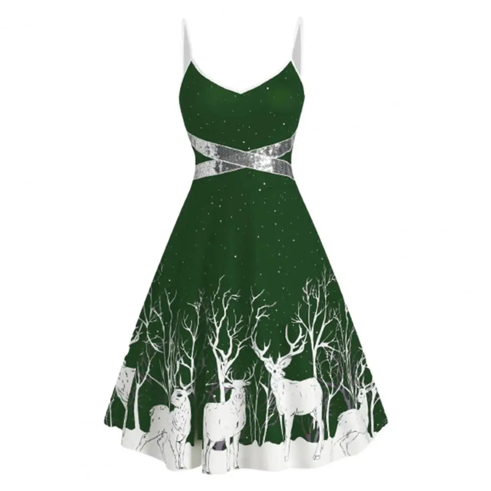 

Dress Adjustable Comfortable to Wear Elk Print Spaghetti Straps Sleeveless Dress for Christmas