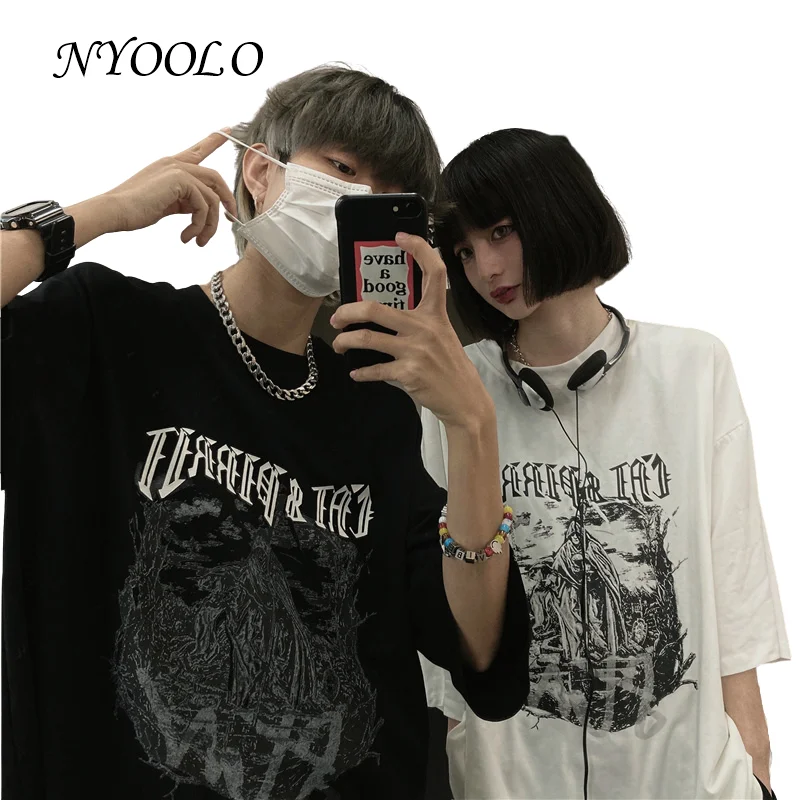 

NYOOLO Harajuku Dark Wizard Gothic Letters Print Short Sleeve T-Shirt Women Men Summer Streetwear Loose O-Neck Hip Hop Tops Tee