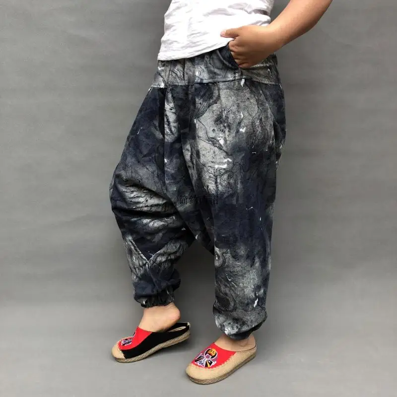 Штаны-шаровары мужские из 100% хлопка и льна с принтом в стиле ретро | Мужская