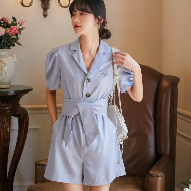 

Slim Waist Solid Short Loose Playsuits Sashes All-match Romper Women Simple Fashion Soft Elegant Temperament Jumpsuit Summer