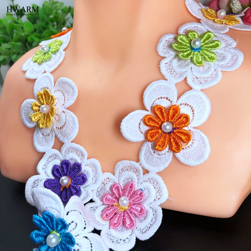

10yard 5cm Pearl Beads Colorful Chrysanthemum Girlhood 3D African Lace Fabric Ribbon DIY Sewing Trim Wedding Clothing Decoration