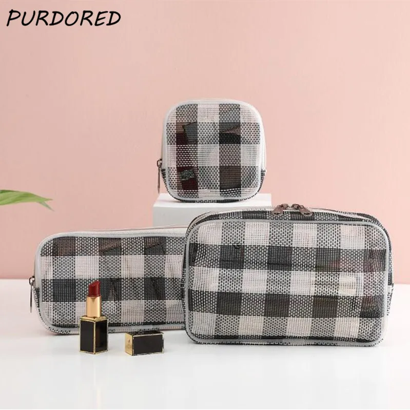 

PURDORED 1 шт. женская косметичка в клетку, женская косметичка, дорожная сумка для помады, органайзер на молнии для макияжа, набор туалетных прин...