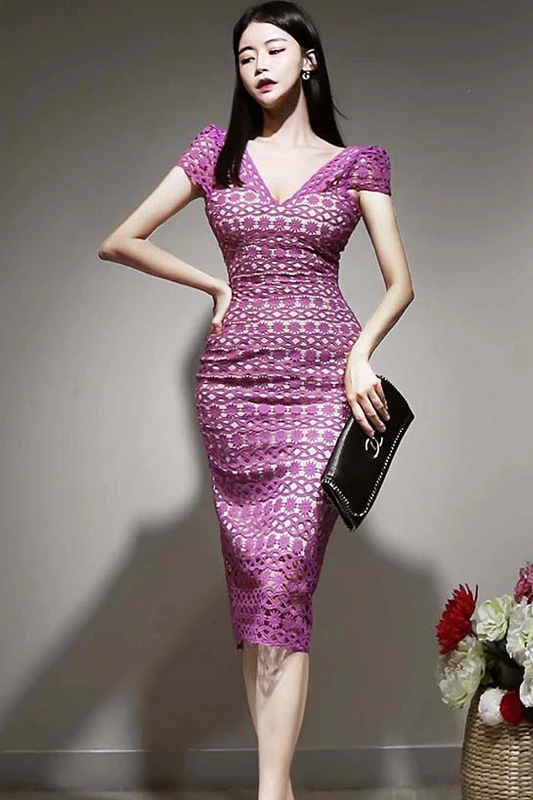 

Korean Style Ladies Temperament V-Neck Slim Bodycon Dress Women Short Sleeve Lace Dress 2021 Summer New vestidos de mujer