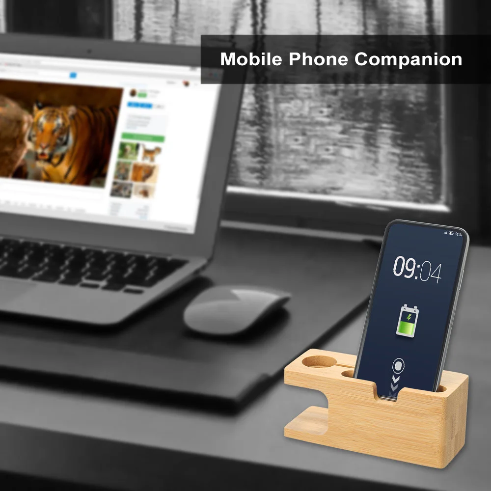 

Phone Watch Stand Smartphone Charging Dock Station Bamboo Base Phone Holder Smartwatch Stand for Office Desktop