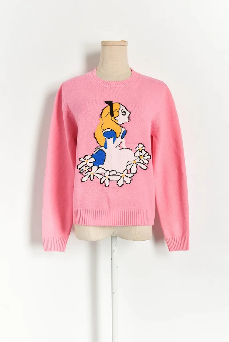 Женский свитер 2020 модный Свободный Розовый пуловер с рисунком принцессы вязаный