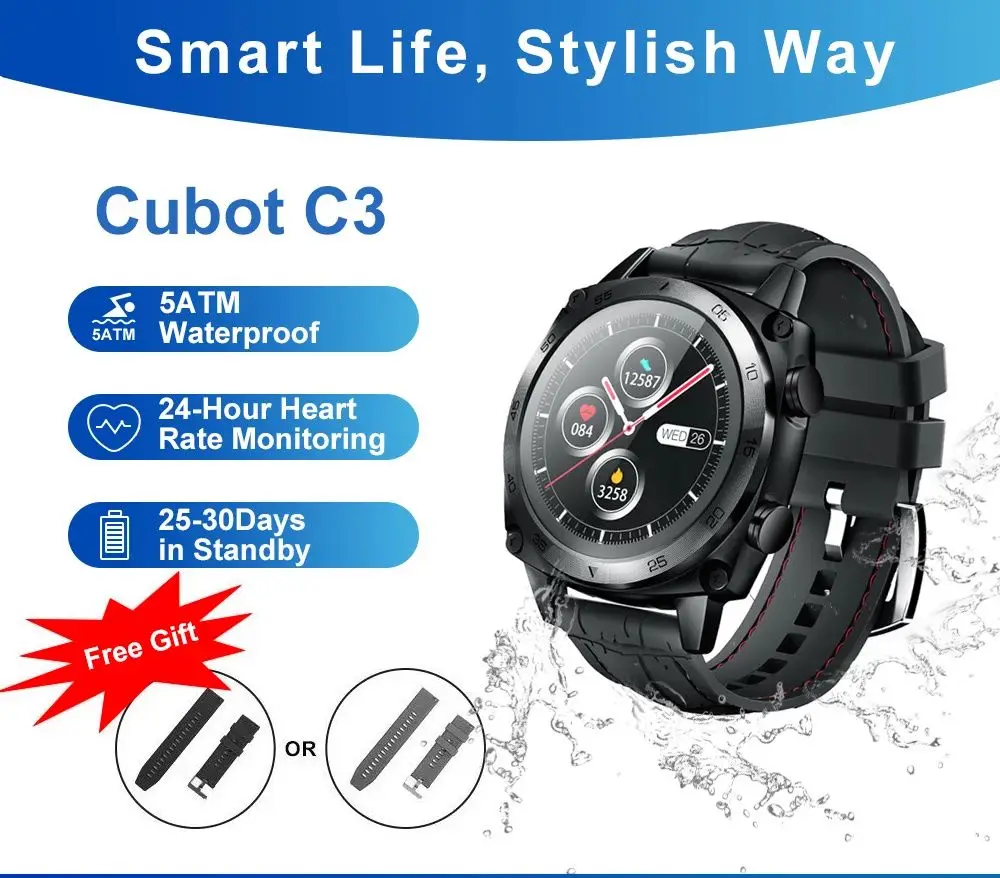 

Cubot C3 SmartWatch Sport Heart Rate Sleep Monitor 5ATM Waterproof Touch Fitness Tracker Smart Watch for Men Women Android IOS