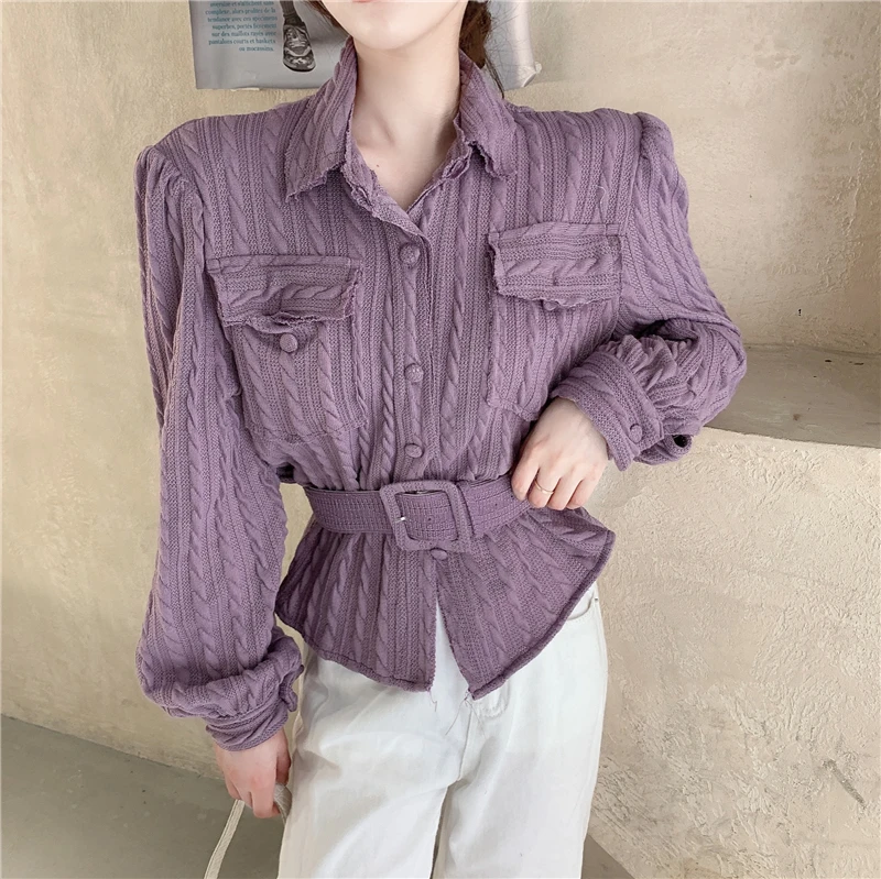 

Loose Lapel double pocket Solid Color Long Sleeve Blouses Shirt Women top korean fashion clothing Vintage Blouse Women 686H