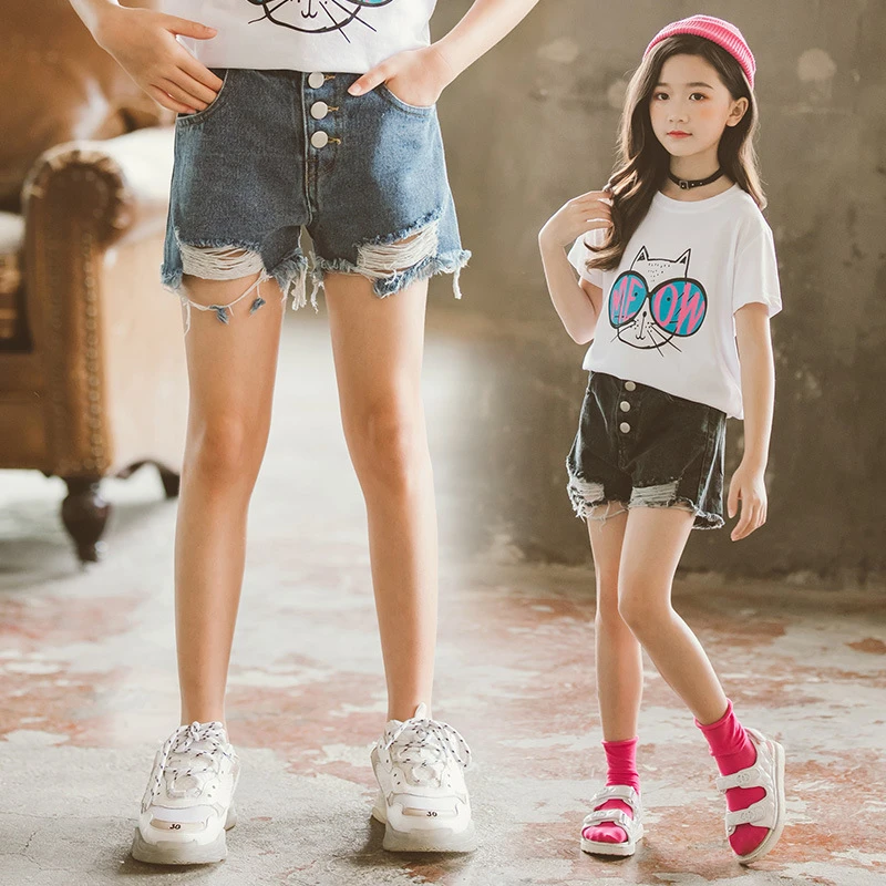 Летние детские шорты для маленьких девочек эластичные рваные джинсы потертые