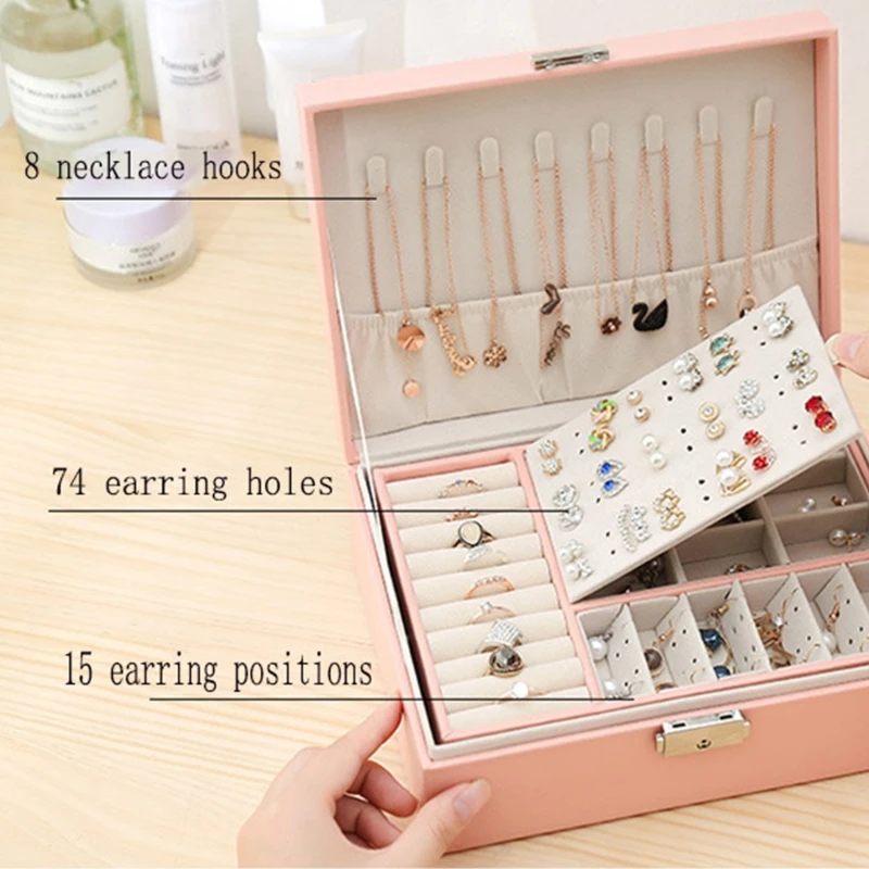 

Y1UE Protable Travel PU Double Layers Jewelry Box Display Organizer Earrings Rings Necklaces Storage Holder Women Girls Gifts