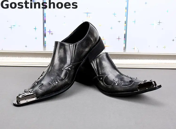 Черная обувь из натуральной кожи мужские слипоны с металлическим наконечником