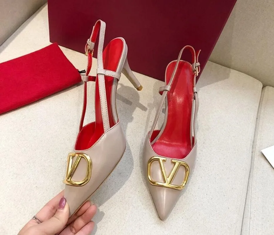 

2021 Women's Genuine Leather Fashion Brand Sandal Metal V Button Genuine Leather Wedding Shoes Thin Heel Pointed Toe Big Size 43