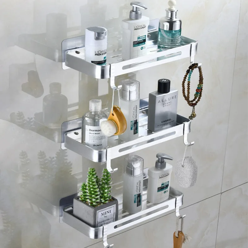 

Bathroom Shelf Organizer Shower Storage Rack Black Silver Color Corner Shelves Wall Mounted Aluminum Shampoo Holder No Drill