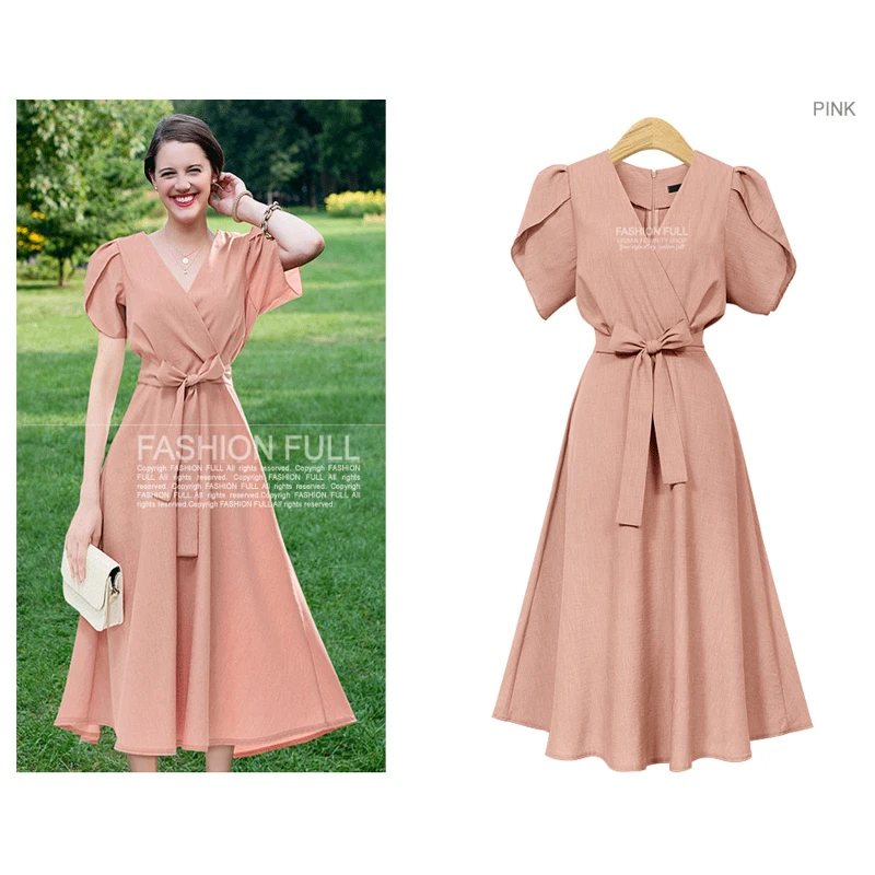 2021 New Fashion Plus Size Dress Casual Qualities Women Long Dress Tie Waist Slim Summer Solid V-Neck Short Sleeve Dresses 5XL