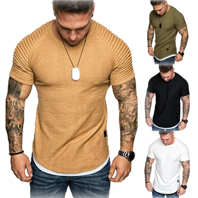 

Hot New Men's T-Shirts Pleated Wrinkled Slim Fit O Neck Short Sleeve Muscle Solid Casual Tops Shirts Fashion Summer Basic Tee
