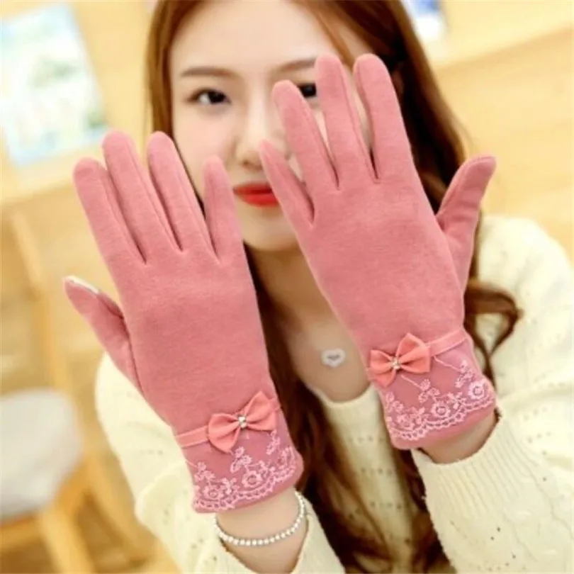 Leather bow pink VISNXGI, женские зимние перчатки, тянущиеся, вязаные, кашемировые, сохраняющие тепло, перчатки, варежки, зимние, плотные, теплые, аксессуары, шерсть, Guantes Mujer - Цвет: Leather bow pink