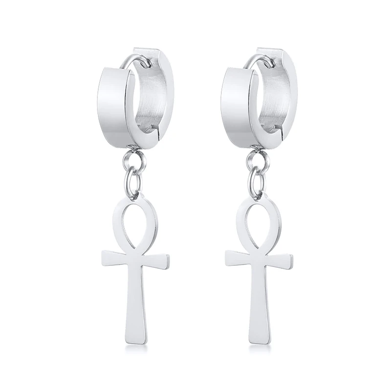 silver hoop earrings Вечный крест египетская Клеопатра Ankh серьги для мужчин ювелирные изделия антиквариат Черный Нержавеющая сталь египетская королева Анкара серьги - Окраска металла: silver hoop earrings