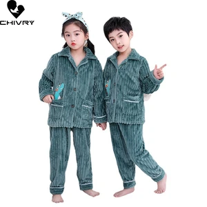 New 2021 Kids Flannel Pajama Sets Boys Girls Autumn Winter Thicken Warm Home Wear Cartoon Dinosaur Lapel Sleeping Clothing Sets