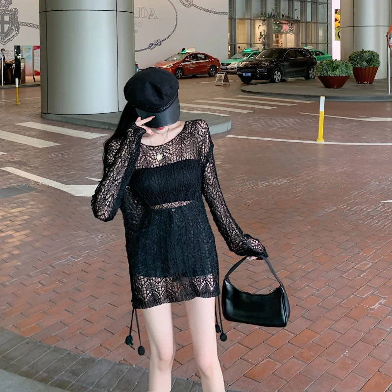 

Spring Autumn Women's Top Korean Style Sexy Crochet Hollow Top New Solid Color Loose Casual Female Tops GX354