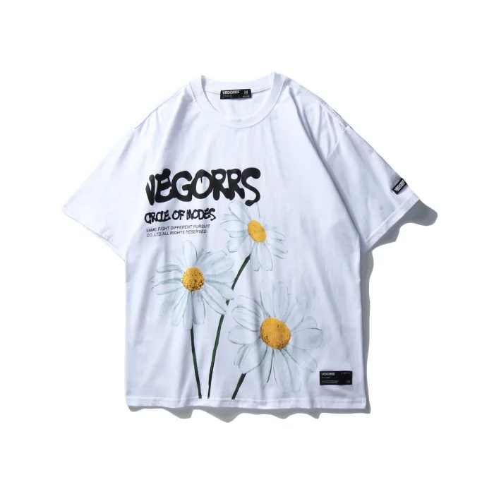 

VEGORRS Summer Women's Tide Brand Street Daisy Print Loose Couples Five-point Short-sleeved T-shirt Men